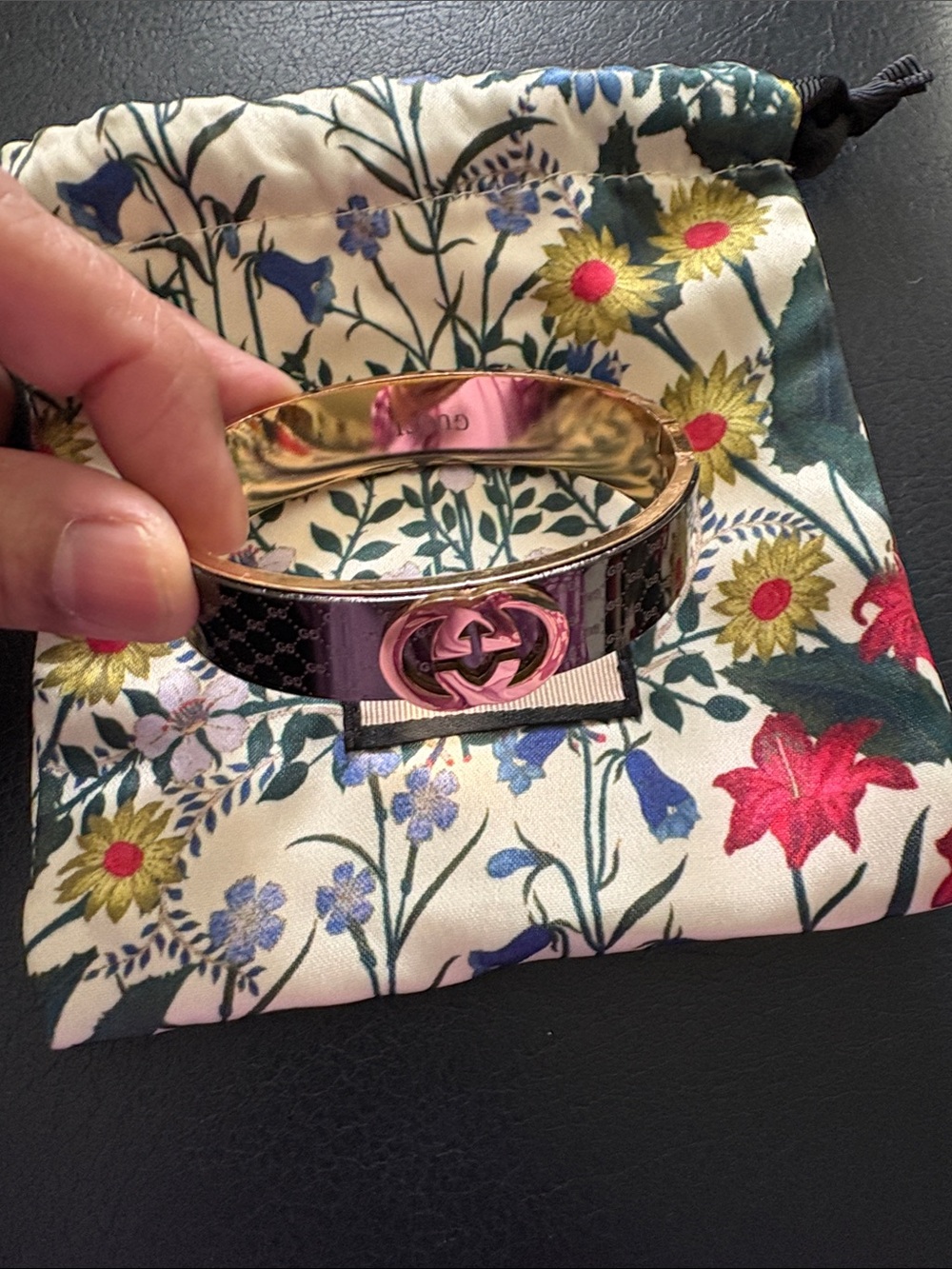 Gucci Pink and Gold Enamel Interlocking G Bangle